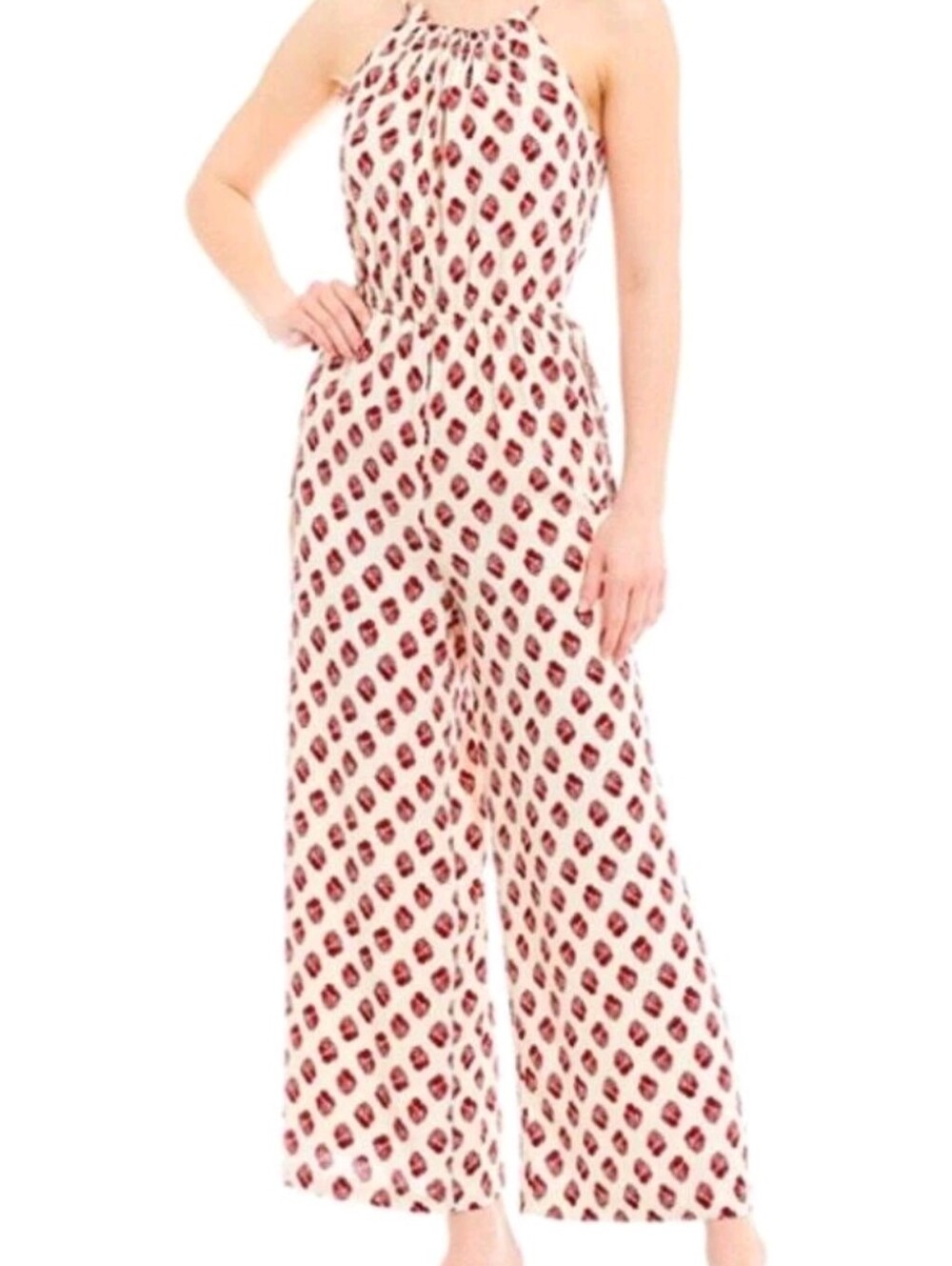 A loves A - Cream Wide-Leg Jumpsuit with Red Floral Print Size large